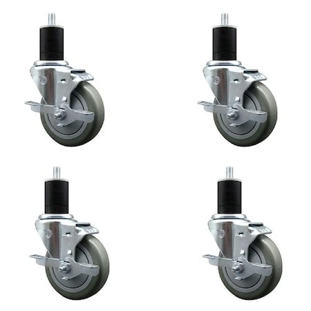 Service Caster 4'' Gray Poly Swivel 1-3/4'' Expanding Stem Caster Set with Brake, 4PK SCC-EX20S414-PPUB-TLB-134-4